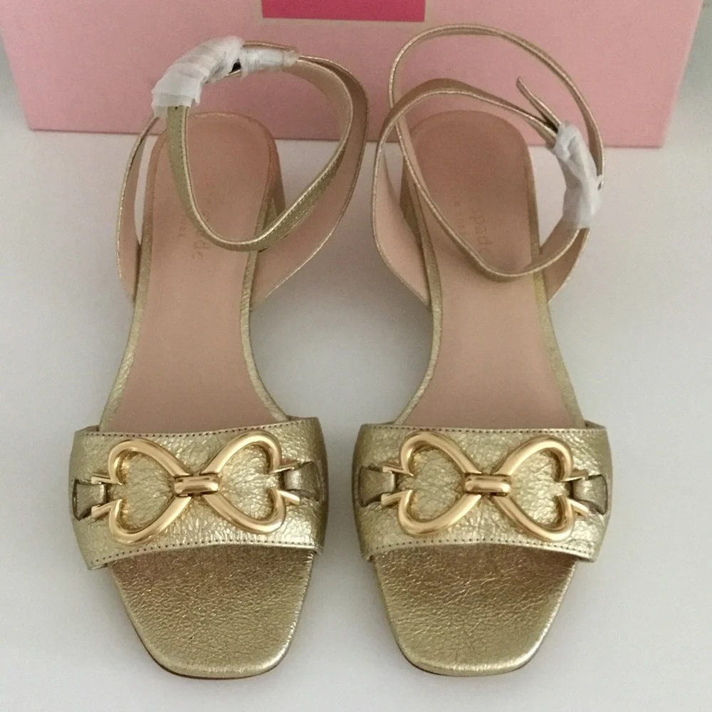 New Kate Spade Metallic Gold Leather Ankle-Strap Sandals